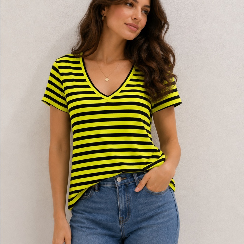 J. Crew 100% Neon Yellow and‎ Black Striped V-Neck Tee L